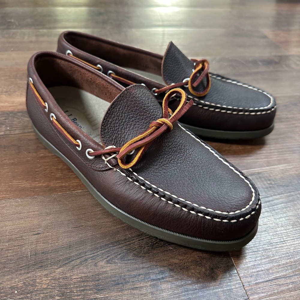 L.L. Bean Dark Brown Leather Boat Shoes with Tan & Gold Laces